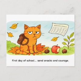 Mürrische Cartoon-Katze beginnt im Herbst die Schu Postkarte