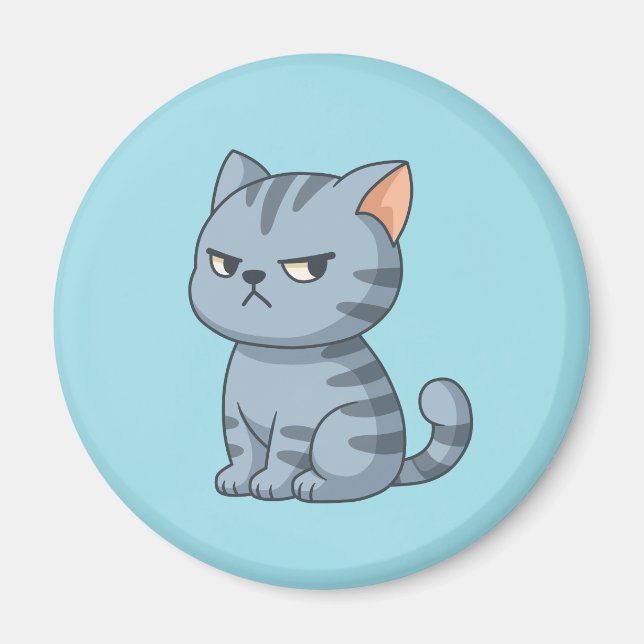 Mürrische Graue Tabby-Katze auf Blau Magnet (Vorne)