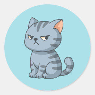 Mürrische Graue Tabby-Katze auf Blau Runder Aufkleber