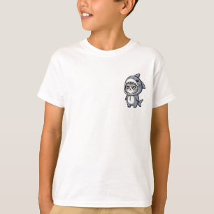 Mürrische Graue Tabby-Katze mit Haikinder-Kostüm T-Shirt