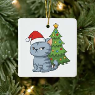 Mürrische Graue Tabby-Katze Rote Mütze Weihnachtsb Keramikornament