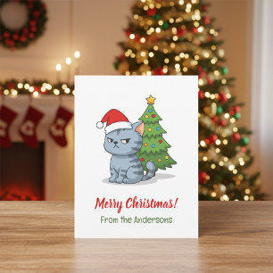 Mürrische Graue Tabby-Katze Rote Mütze Weihnachtsb Postkarte