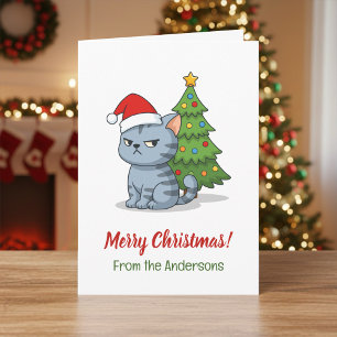 Mürrische Graue Tabby-Katze Rote Weihnachtsmütze W Karte