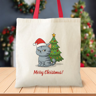 Mürrische Graue Tabby-Katze Rote Weihnachtsmütze W Tragetasche