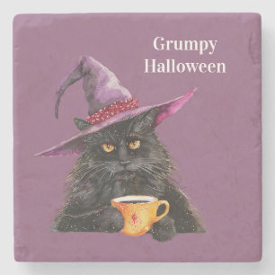 Mürrische Halloween-Schwarze Katze mit Hut Steinuntersetzer