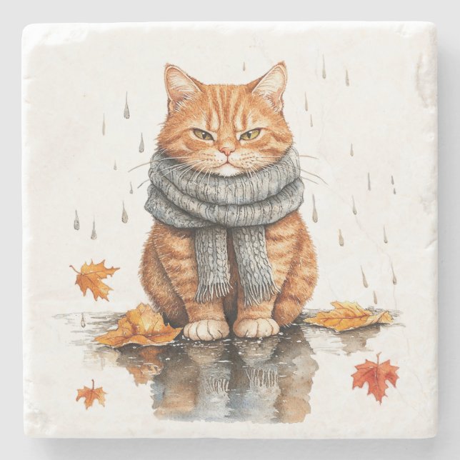 Mürrische orange Katze im Regen Steinuntersetzer (Vorderseite)