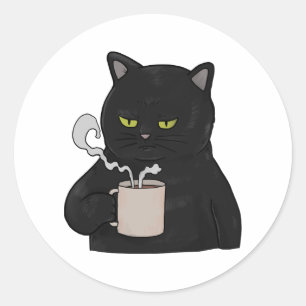 Mürrische schwarze Katze mit Kaffee Morgenmuffel Runder Aufkleber