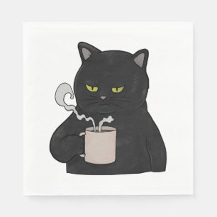 Mürrische schwarze Katze mit Kaffee Morgenmuffel Serviette