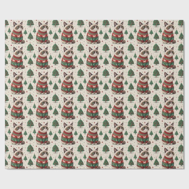 Mürrische Weihnachtskatze im hässlichen Pullover Geschenkpapier (Flach)