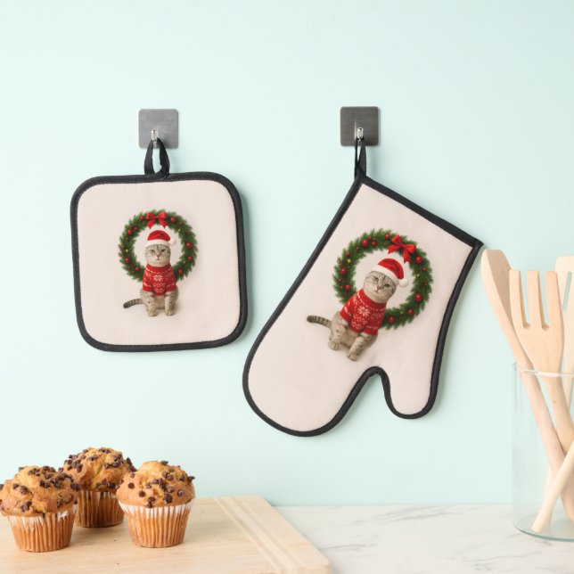 Mürrische Weihnachtsstimmung Ofenhandschuh & Topflappen-Set (Insitu (Hängend))