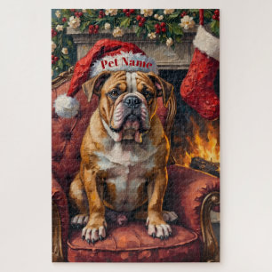 Mürrischer Bulldogge Weihnachtshut auf Samtstuhl Puzzle
