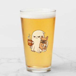 Mürrischer Geist Französische Bulldogge hält Kaffe Glas