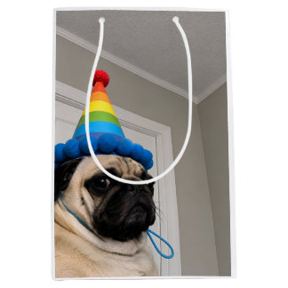 Mürrischer Mops mit Regenbogen-Geburtstagshut Mittlere Geschenktüte