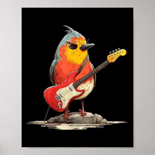Mürrischer Robin-Vogel mit E-Gitarre für Federn Poster (Vorne)