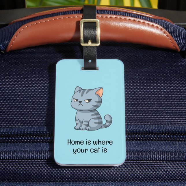 Mürrisches Grau-getigertes Katzen-Zitat Blau Gepäckanhänger (Vorderseite Insitu 2)