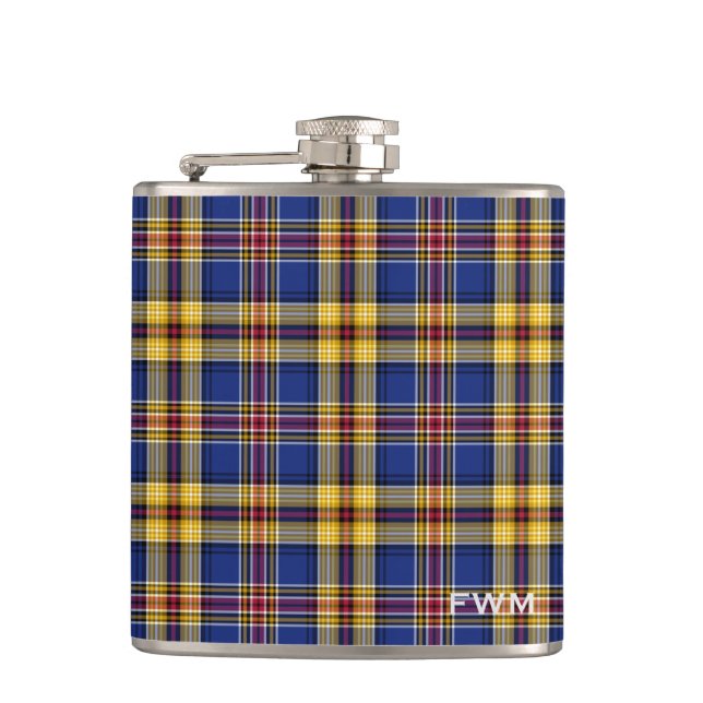 Murtaugh Tartan Monogram Blue und Yellow Kariert Flachmann (Vorderseite)