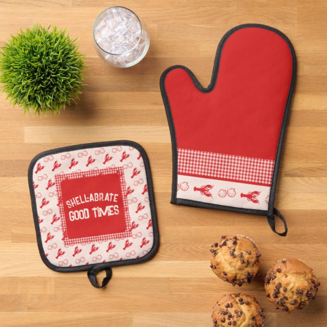 Muschel abrate Good Times Lässig Seafood Gingham Ofenhandschuh & Topflappen-Set (Oben Unten)
