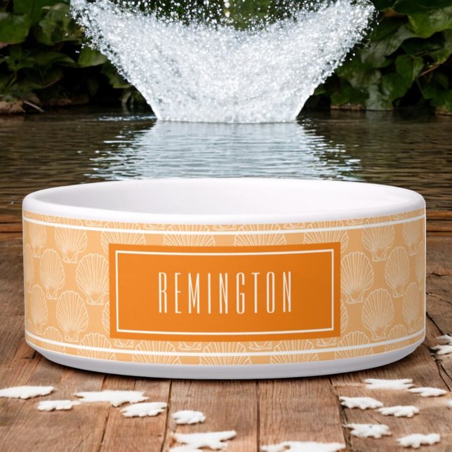 Muschel am Strand auf orangefarbenen Hausnamen Napf (Sea shell pattern over orange with template text dog bowl)