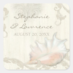 Muschel am Strand Holz Hochzeitsfest Brautparty Quadratischer Aufkleber