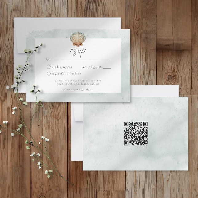 Muschel-Aquarell-Minimalist-Beach-Hochzeit QR RSVP Karte (Von Creator hochgeladen)