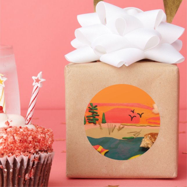 Muschel Beach Scene Nature Clay Folk Art Runder Aufkleber (Party)