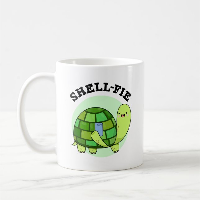 Muschel-Fie Funny Tortoise Selfie Pun Kaffeetasse (Links)