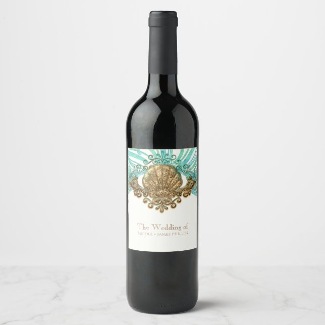 Muschel Glam Beach Weine Labels aus Gold und Aquam Weinetikett (Vorderseite)
