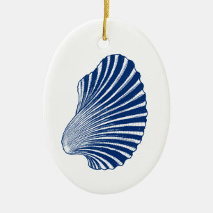 Muschel in Scallop, Print, Indigo und Weiß Keramik Ornament