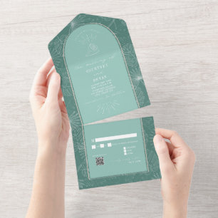 Muschel-Palme Aqua-Strandhochzeit QR-Antwort All In One Einladung
