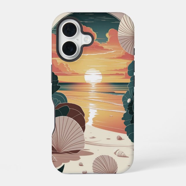Muschel-Sonnenuntergangsstrand iPhone 16 Hülle (Rückseite)