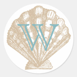 Muschel | Tan Scallop Sea Muschel Monogram Runder Aufkleber