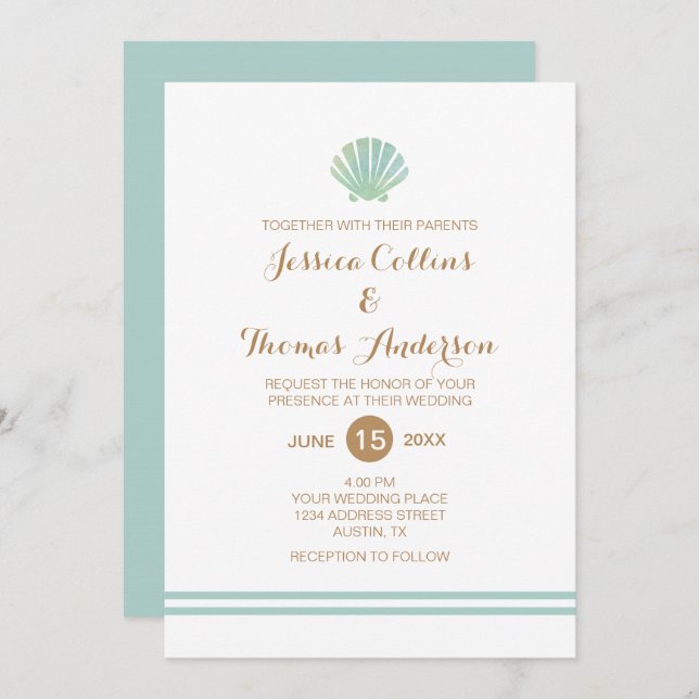 Muschel Watercolor Aqua Wedding Invitation Card Einladung (Vorne/Hinten)