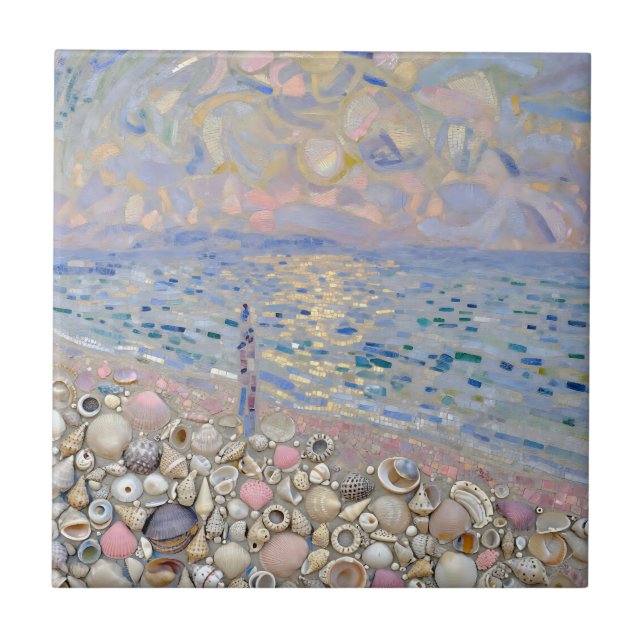 Muschelmosaik Strandhorizont Leuchten Fliese (Vorderseite)