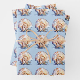 Muschelmuster blaue Elfenbein-Strandhochzeit Geschenkpapier Set