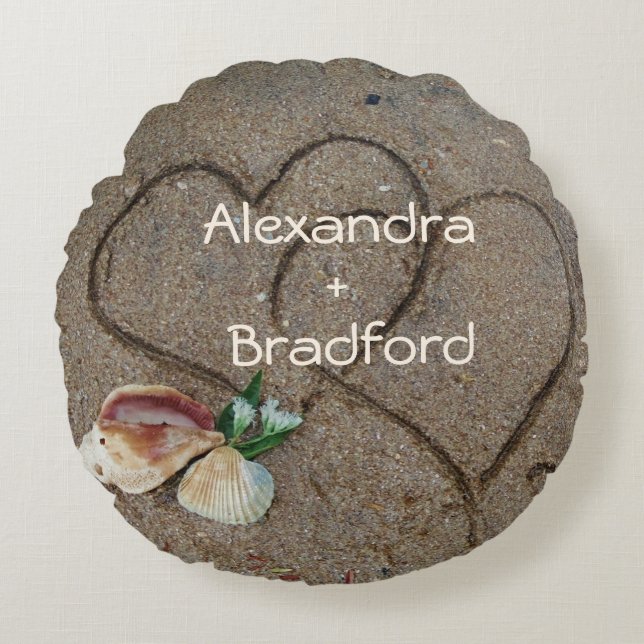 Muscheln & 2 Herz am Strand, Hochzeitskissen nach  Rundes Kissen (Vorderseite)