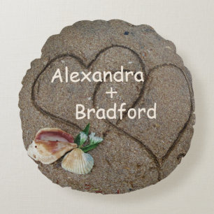 Muscheln & 2 Herz am Strand, Hochzeitskissen nach Rundes Kissen