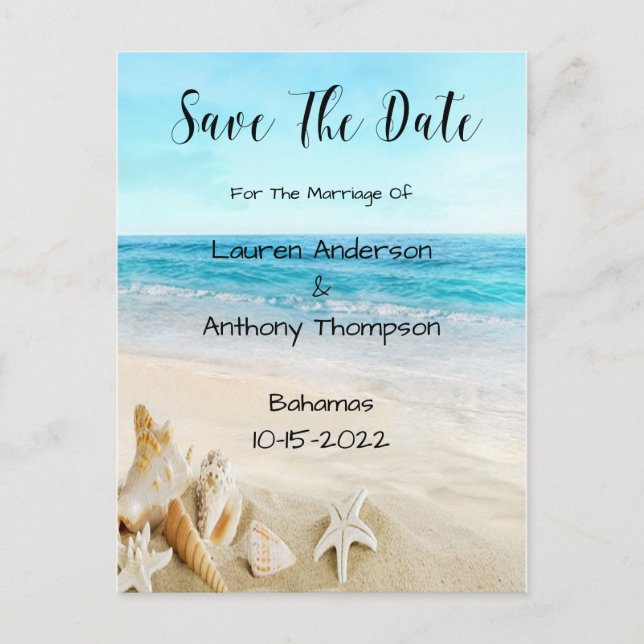 Muscheln am Strand Hochzeiten Save the Date Postkarte (Vorderseite)
