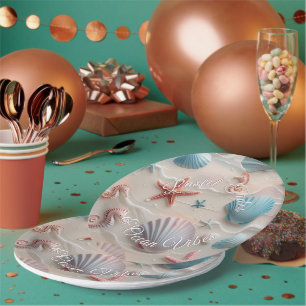 Muscheln am Strand, Starfish & Seepferde Rosa Sand Pappteller