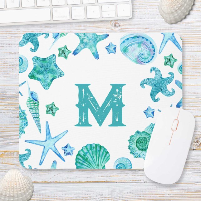 Muscheln am Strand und Starfish Wasserfarbe Mousepad (Beach Coastal Sea Shells and Starfish Watercolor Mouse Pad)