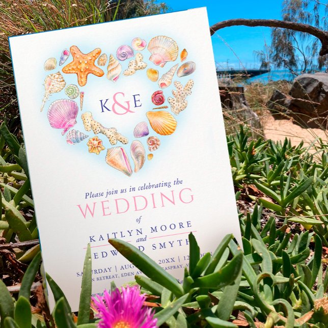 Muscheln Aquarellherz Hochzeit rosa Einladung (Von Creator hochgeladen)