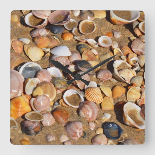 Muscheln auf einem Sandy-Strand | Andalusien, Quadratische Wanduhr (Vorderseite)