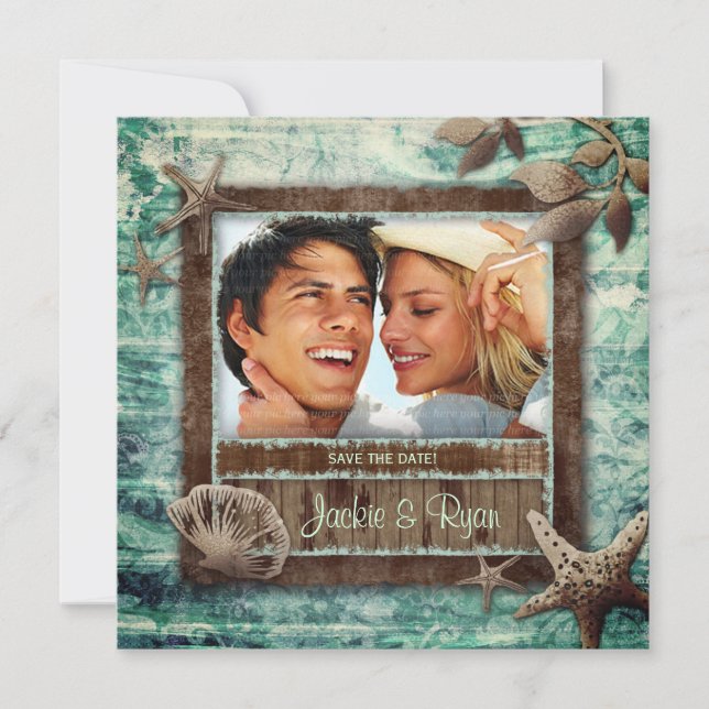 Muscheln Beach Hochzeit grüne Einladung (Vorderseite)