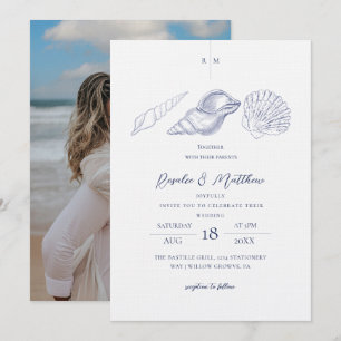 Muscheln Blau & Weiß Elegante Strandhochzeit Einladung