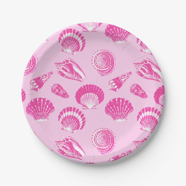 Muscheln - Fuchsienrot und weiß Pappteller (Vorderseite)