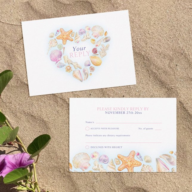 Muscheln Herzkunststrand Hochzeit Aquarell RSVP Karte (Von Creator hochgeladen)