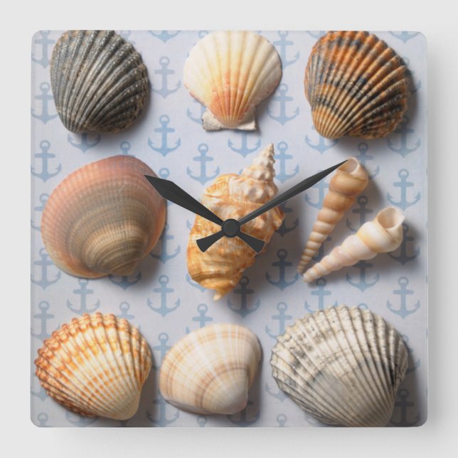 Muscheln im Hintergrund Quadratische Wanduhr (Vorderseite)