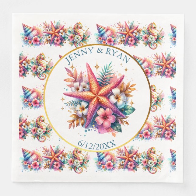 Muscheln in Rosa, Blau und Gold Serviette (Vorderseite)