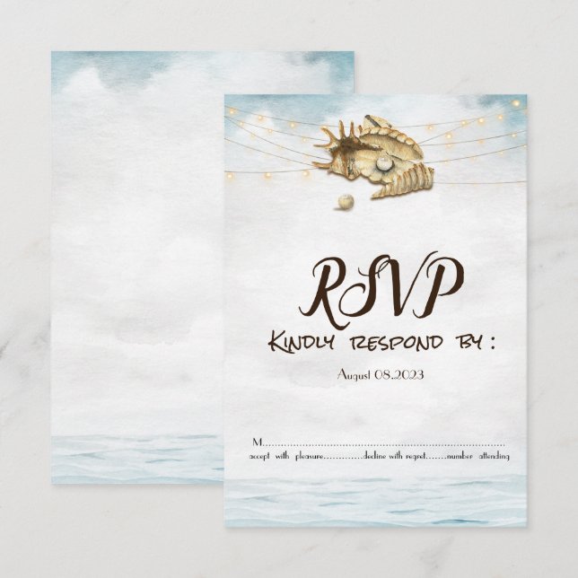Muscheln,Meer,Lichterkette Skriptlichter RSVP   Einladung (Vorne/Hinten)