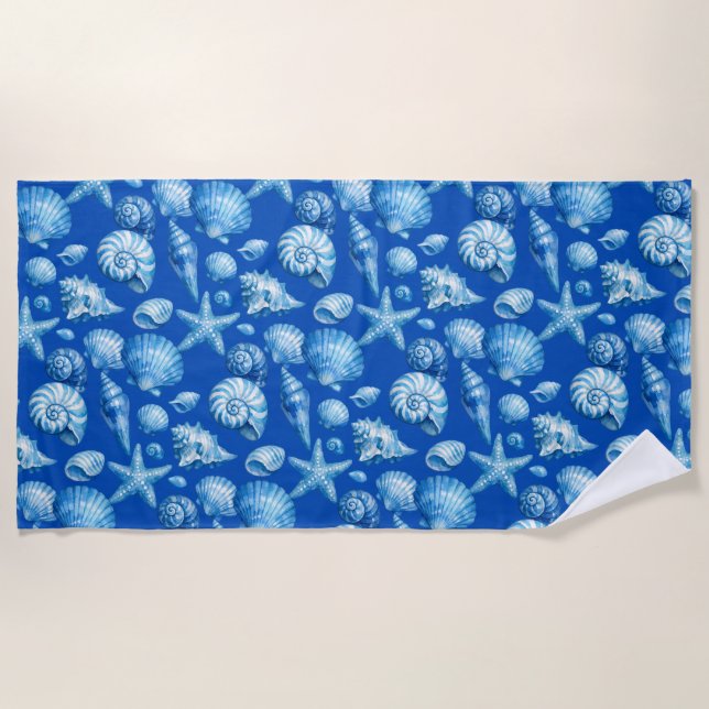 Muscheln. Nautisch. Blau Strandtuch (Vorderseite)