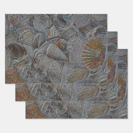 Muscheln Ocean Beach Gray Gold Silver Decoupage Geschenkpapier Set